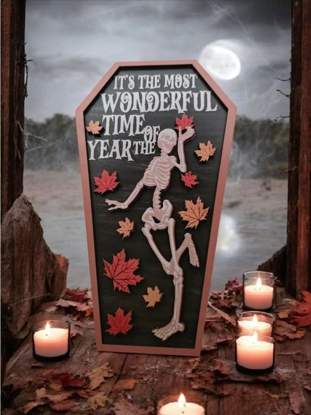 Spooky Farmhouse Coffin Wood Sign - Dancing Skeleton Fall Decor 12"